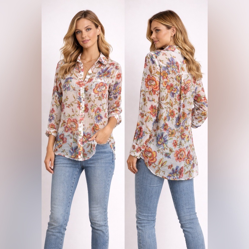 RNWY Sheer Floral‎ Chiffon Blouse Button Front Romantic Cottagecore XS